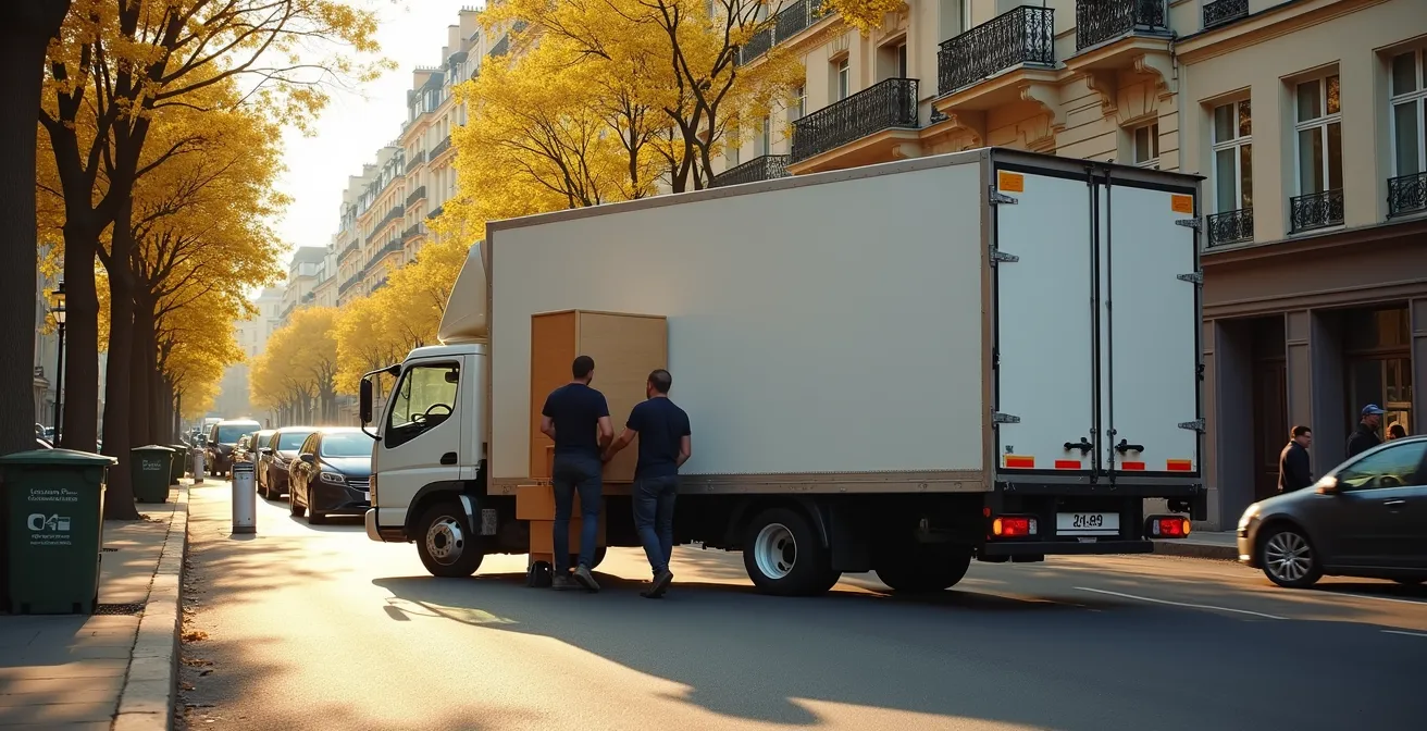 Camion de déménagement stationné dans une rue typique du 92