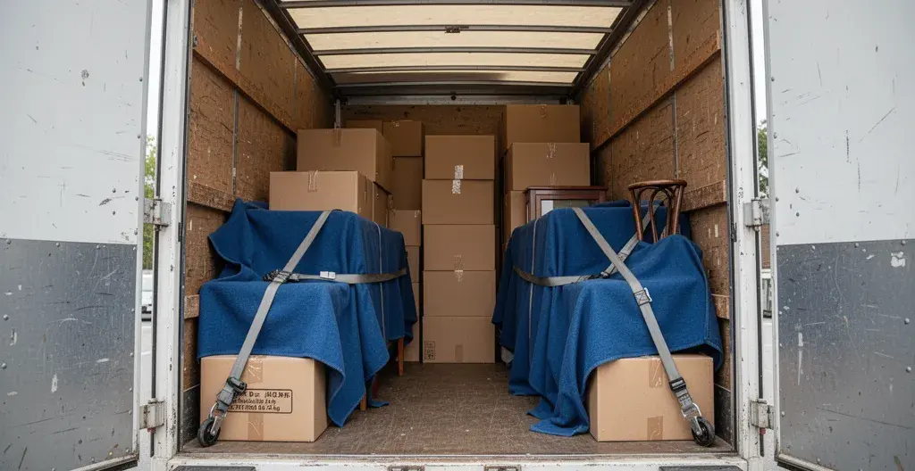 Intérieur de camion de déménagement avec cartons et meubles protégés par des couvertures