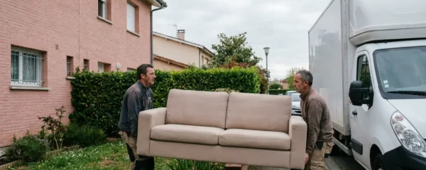 Déménageurs professionnels chargeant un canapé dans un camion devant une maison toulousaine