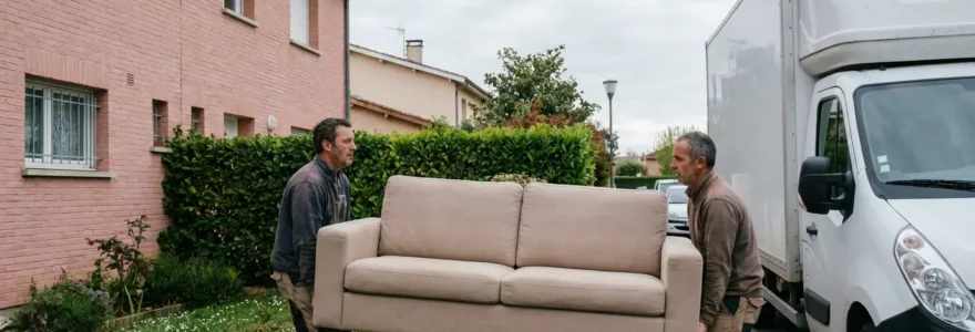 Déménageurs professionnels chargeant un canapé dans un camion devant une maison toulousaine