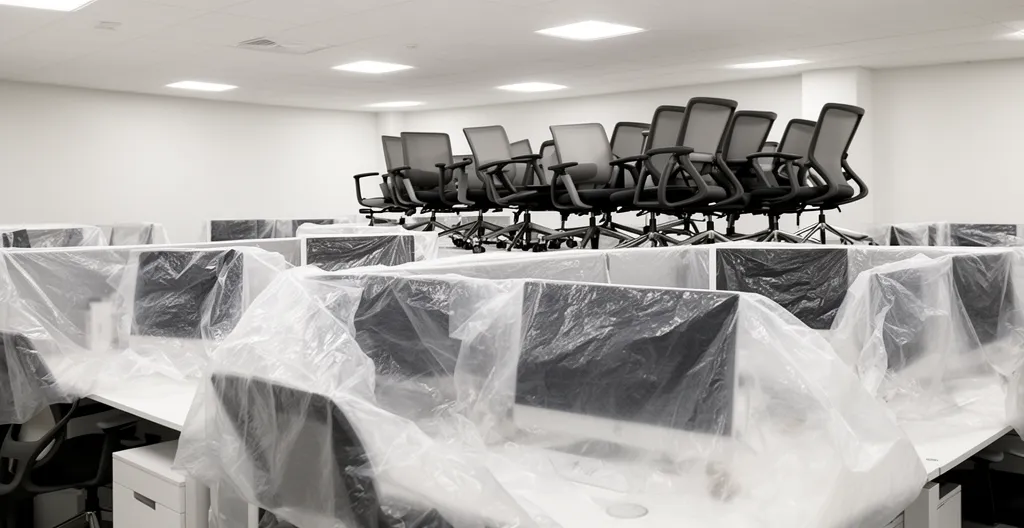 Intérieur de bureau en cours de déménagement commercial avec équipements informatiques protégés