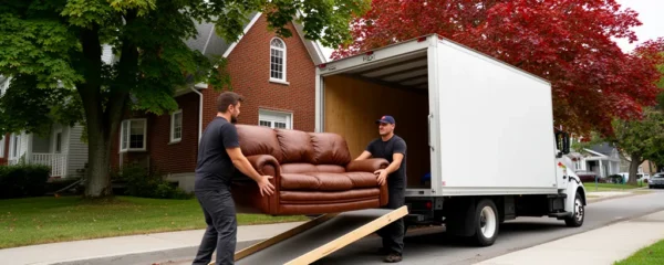 Équipe de déménageurs professionnels chargeant un camion devant une maison québécoise