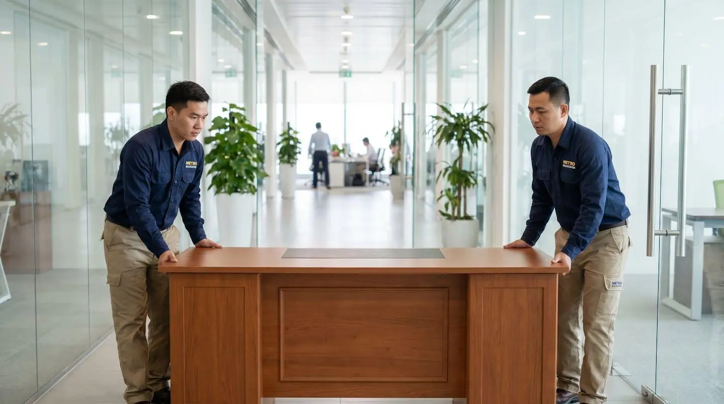 Déménageurs professionnels portant soigneusement du mobilier de bureau dans un couloir de locaux professionnels
