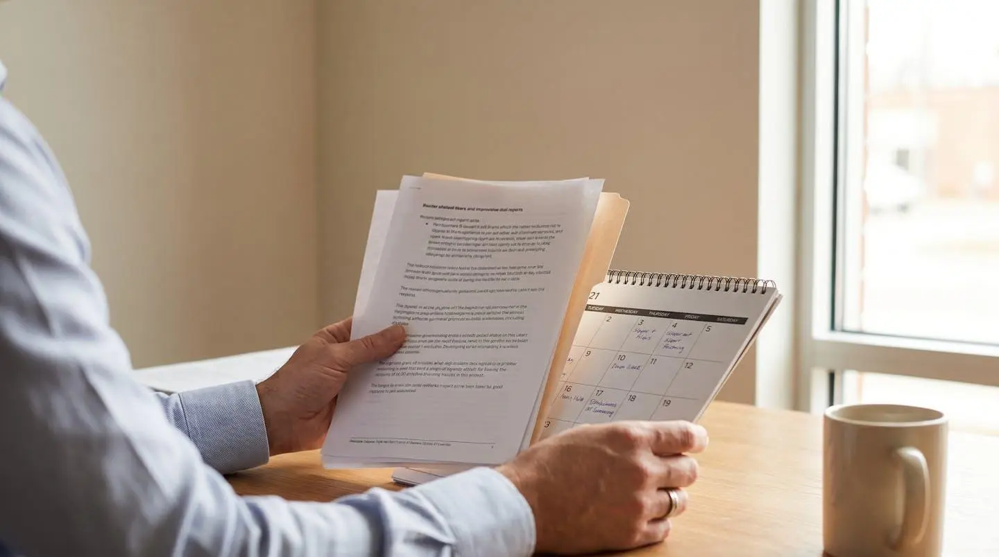 Responsable administratif vérifiant des documents contractuels et un calendrier de déménagement sur un bureau dégagé