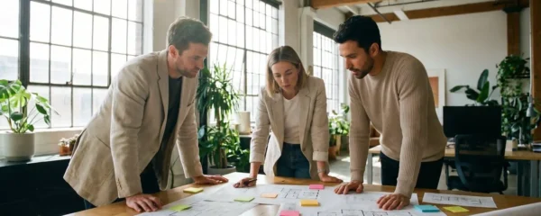 Responsable administratif et équipe autour d'un plan de bureaux pour organiser un déménagement professionnel