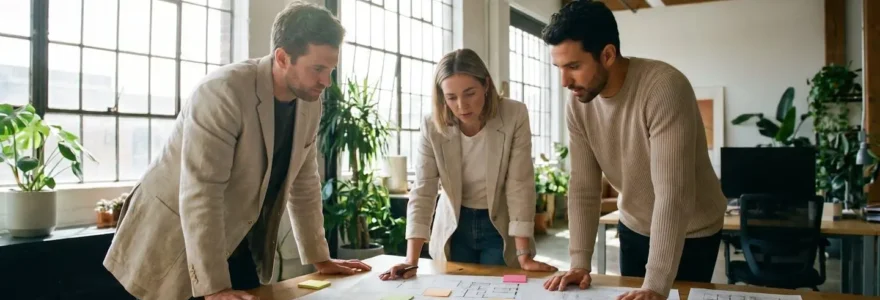 Responsable administratif et équipe autour d'un plan de bureaux pour organiser un déménagement professionnel