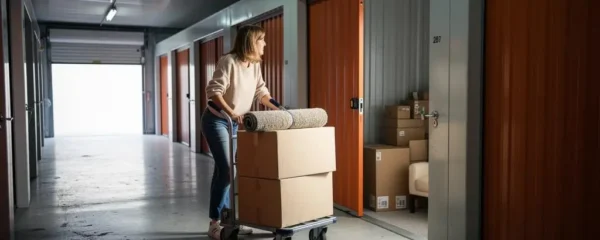 Une femme pousse un diable chargé de cartons dans le couloir d'un centre de box de stockage à louer.