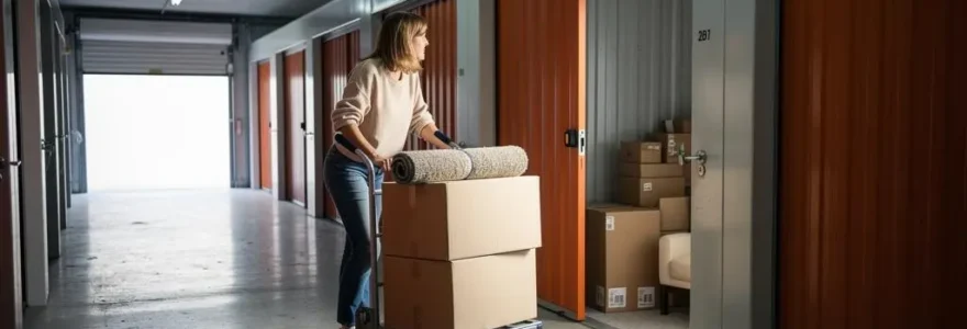 Une femme pousse un diable chargé de cartons dans le couloir d'un centre de box de stockage à louer.