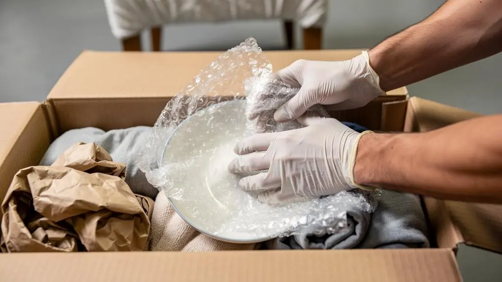 Des mains gantées emballent une vaisselle en papier bulle dans un carton avant l'entreposage en box.
